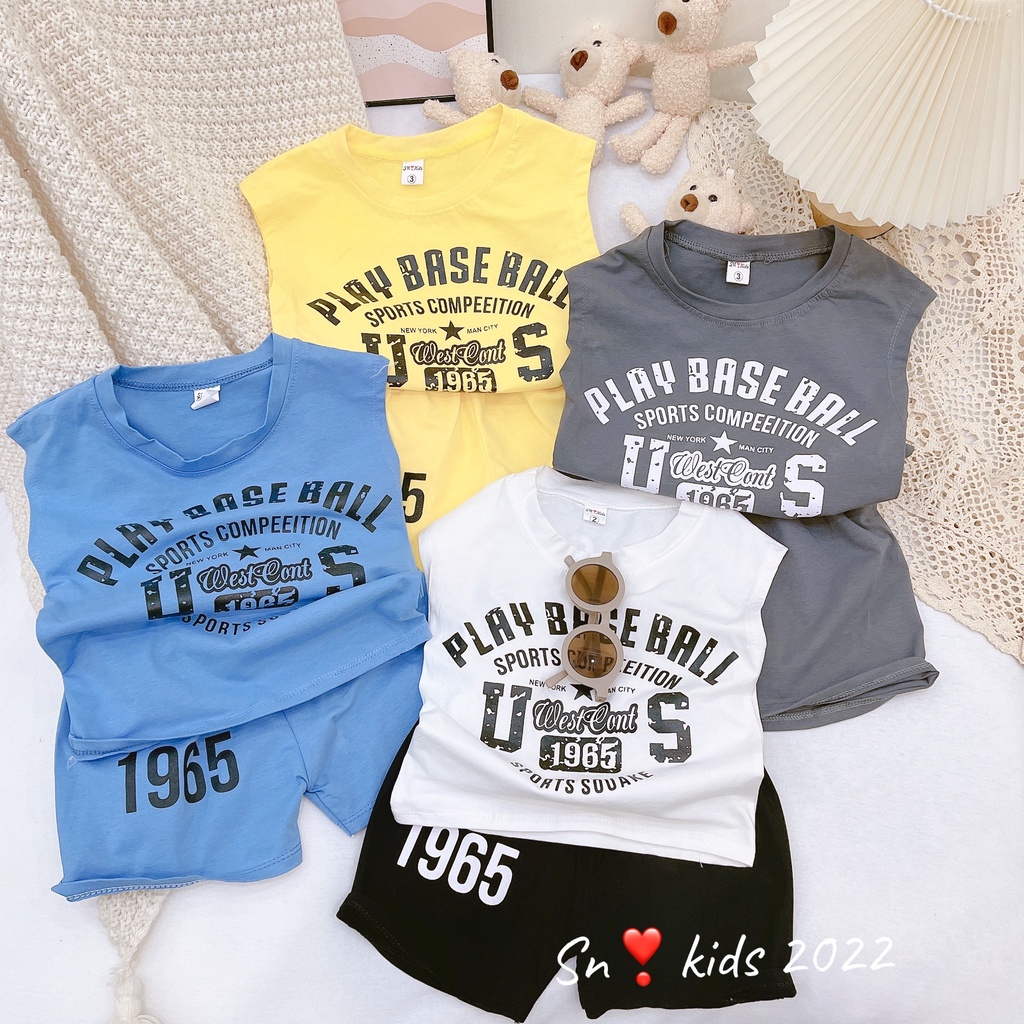 Bộ ba lỗ bé trai có size đại, bộ quần áo mùa hè chất cotton họa tiết Play Base Ball mềm mát cho bé size 20-35kg