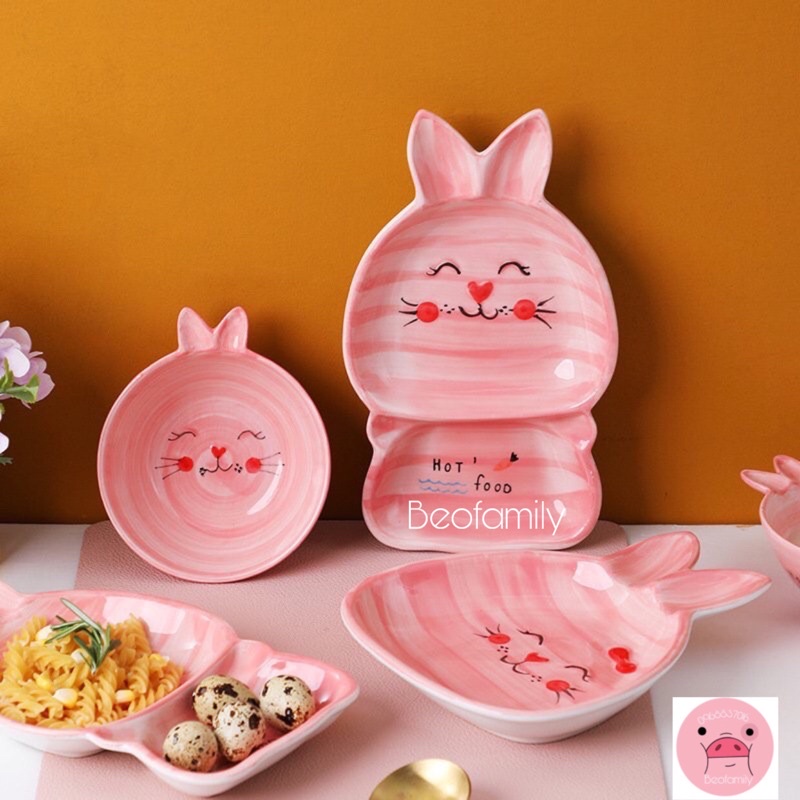 Bộ Đĩa Khay Ăn Dặm 2 Ngăn Hình Thỏ Hồng To , Đĩa Trang Trí Hình Thỏ Cao Cấp - Beofamily