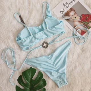 [BKN1914] <ÂU> SET BIKINI XANH BLUE MIX ĐÁ KHUY NGỰC ĐAN DÂY EO (CHUN MÔNG)