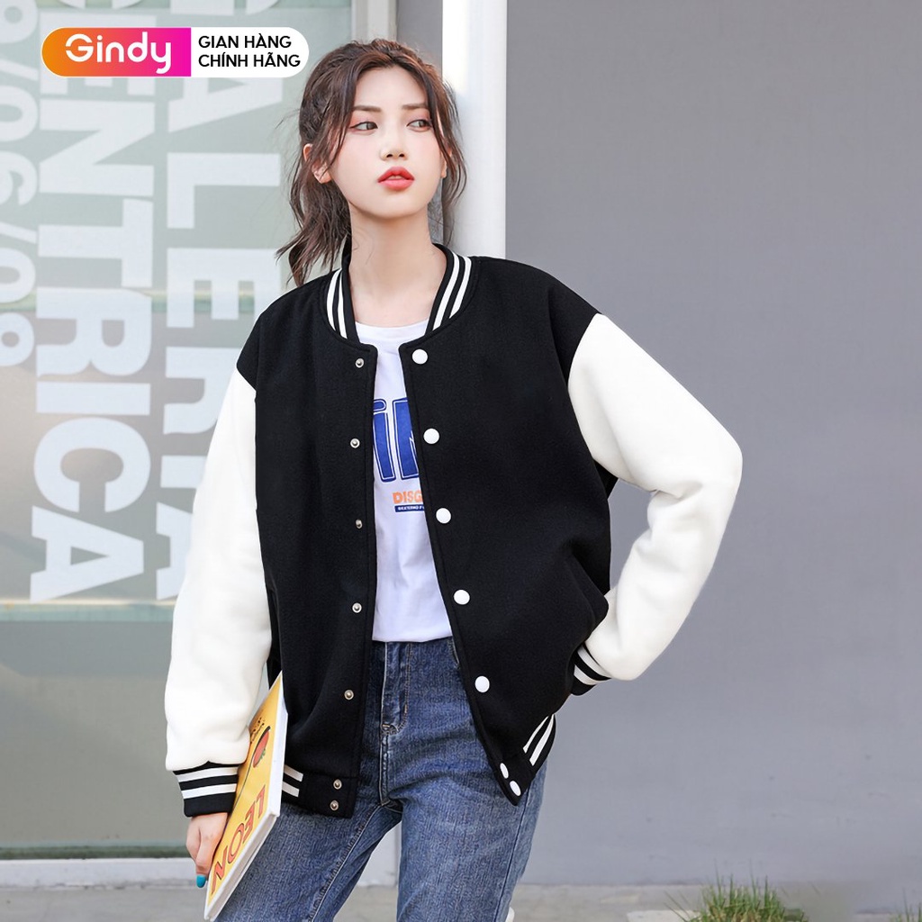 Áo khoác bomber bòng chày trơn unisex GINDY chất da lộn form rộng dày dặn, mặc đi học, đi chơi size M (40kg-75kg) A1211 | BigBuy360 - bigbuy360.vn