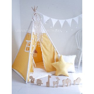 Lều vải cho bé màu vàng, vải 100% cotton linen, Lều vải thổ dân, Teepee Tent with stabilizer