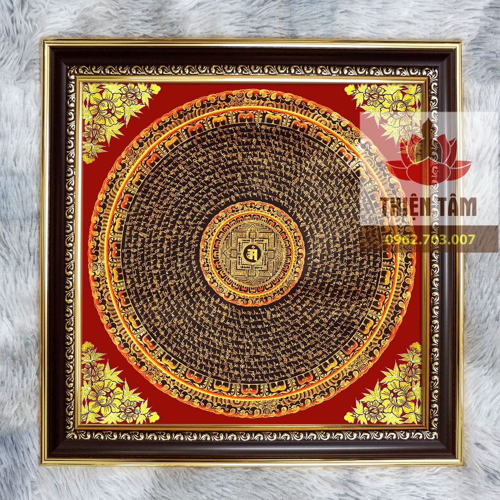 Tranh Chú Lăng Nghiêm Mandala 36x36cm bằng vải phủ bóng, khung composite xịn xò