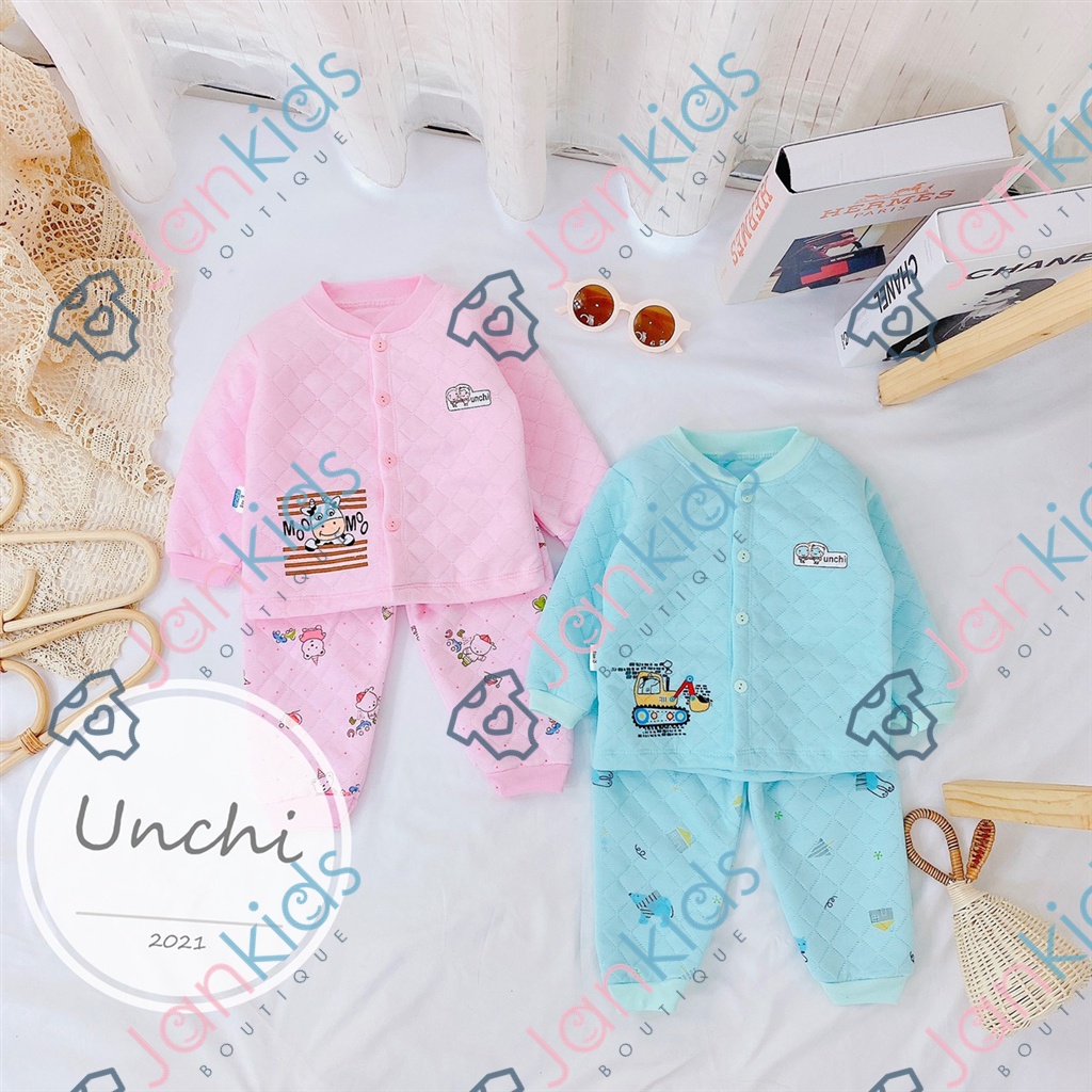 Bộ quần áo nỉ xốp dài tay, cúc giữa UNCHI cao cấp cho bé trai, bé gái