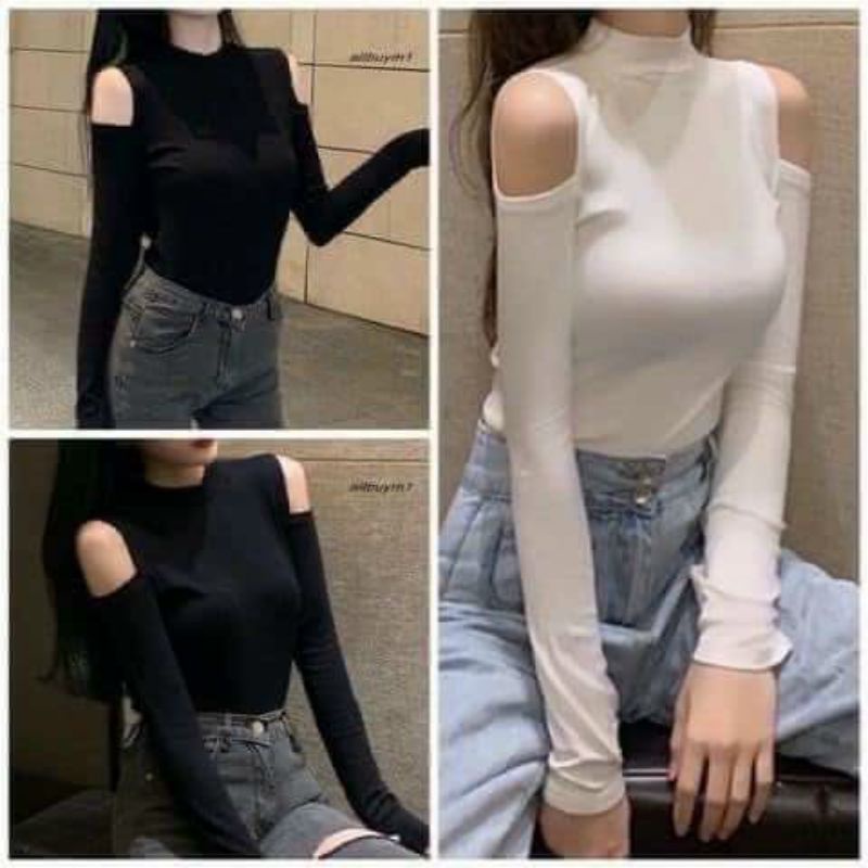Áo thun cổ cao rớt vai tay dài