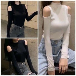 Áo thun cổ cao rớt vai tay dài