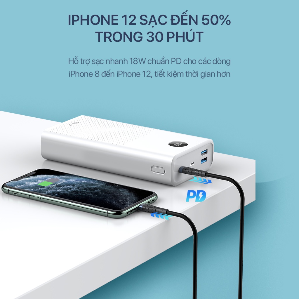 Pin Sạc Dự Phòng 30000mAh ROBOT RT30 Sạc Nhanh PD/QC 3.0 22.5W 5A - 2 Input &amp; 3 Output Hàng Chính Hãng Bảo Hành 12 Tháng