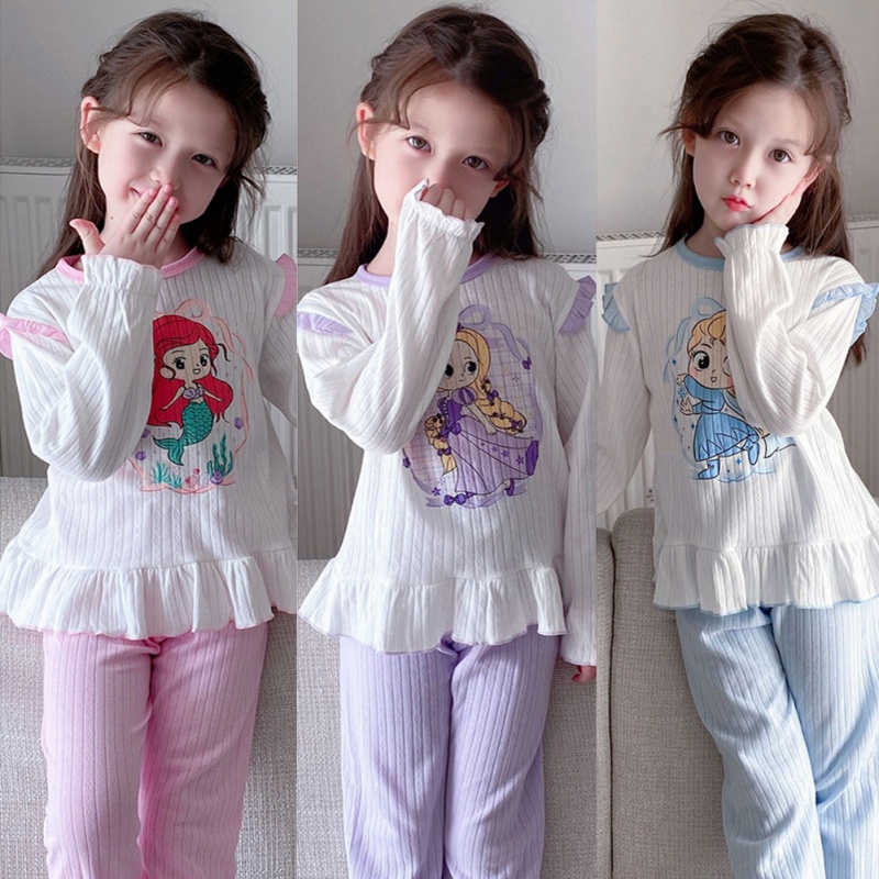 Bộ Đồ Ngủ Áo Tay Dài + Quần Dài Viền Ren In Họa Tiết Hoạt Hình Dễ Thương Thời Trang Xuân Thu Cho Bé Gái