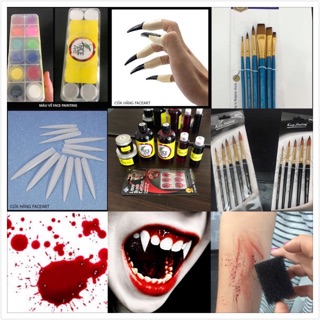 Dụng cụ hoá trang với 20 món hoá trang HALLOWEEN, hoá trang vết thương, màu vẽ hoá trang, cọ vẽ mặt , máu đỏ, màu trắng