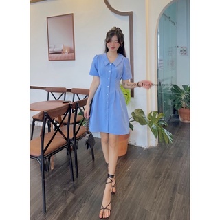 ĐẦM CỔ BẺ XẾP LY EO ĐÍNH NÚT TAY BỒNG