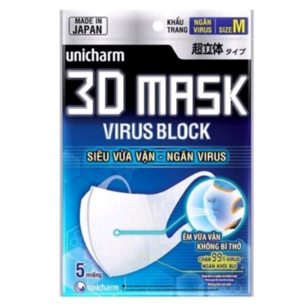 ( TÚI 5 CHIẾC) KHẨU TRANG Y TẾ 3D MASK NHẬT BẢN UNICHARM VIRUS BLOCK