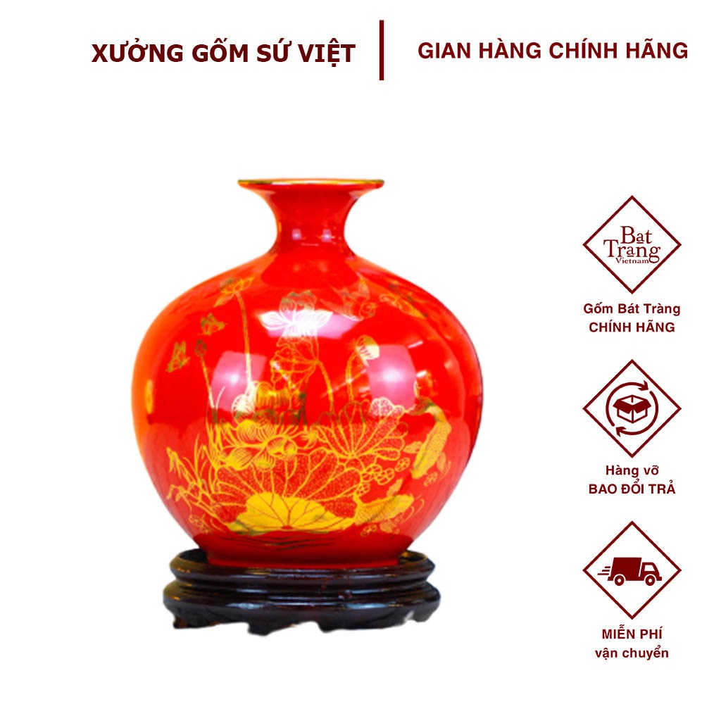 Bình Hút Tài Lộc Vẽ Vàng Bát Tràng + Tặng Kèm Đế Gỗ