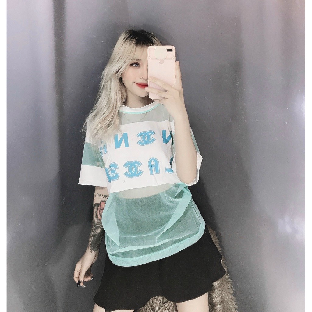 Áo lưới form rộng in chữ hiệu to trước cực xinh , chất lưới có kèm lót trong mềm mịn