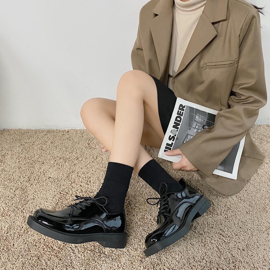 Giày Da Oxford Mũi Vuông Thắt Dây Thời Trang Cho Nữ