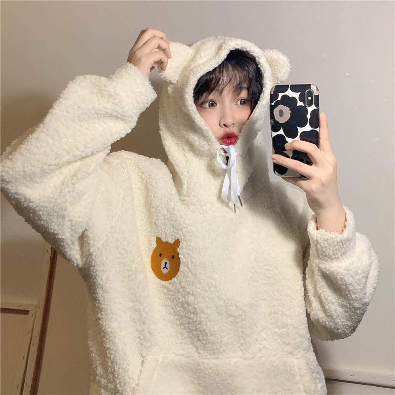 Áo hoodie len bông tay dài không có túi gấu logo nhỏ nón tai gấu cute ulzzang ( 2 màu )