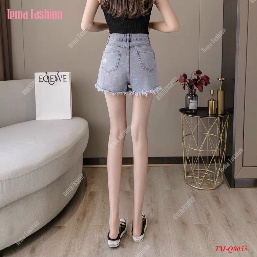 Quần short jean nữ TEMA - Quần đùi nữ jean xanh rách gấu có lỗ cách điệu siêu xinh