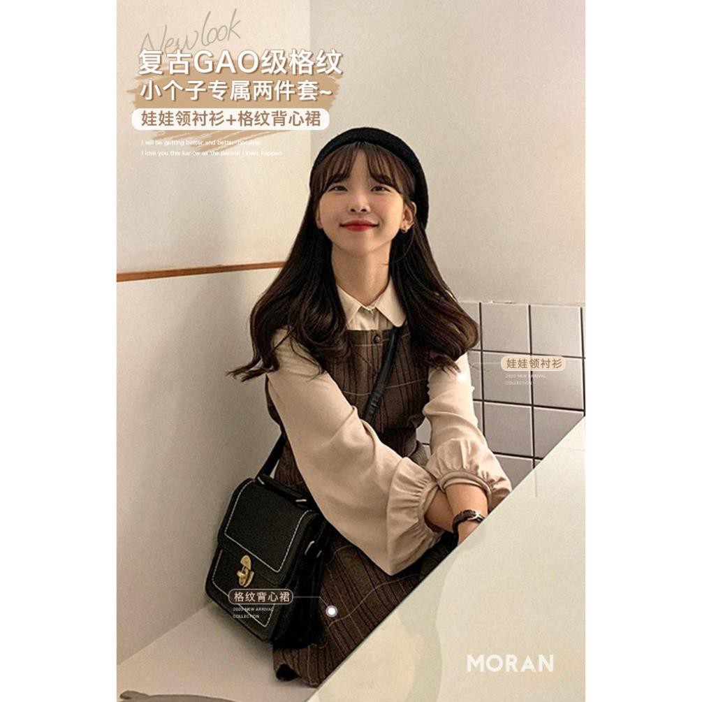 (HÀNG SẴN) Váy yếm ba lỗ kẻ sọc nâu vintage MORAN xòe ngắn thắt nơ eo style mùa thu Hàn Quốc - Có ảnh thật