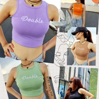 (Hình Thật) Áo Croptop Thun Ba Lỗ Yếm Ôm Kiểu Sát Nách Gym Nữ Ngắn Thể Thao Thêu Chữ Double ACR002