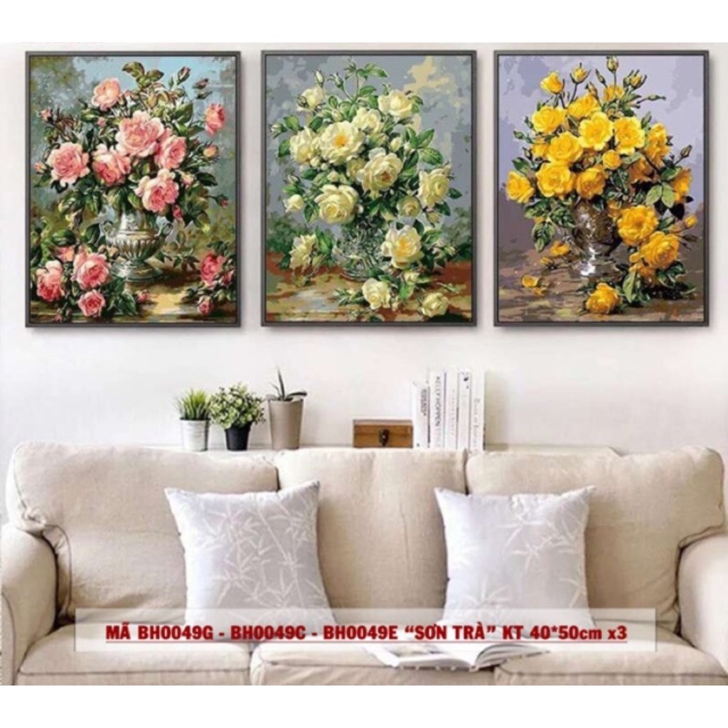 Tranh sơn dầu số hóa mã Bộ 3 bức hoa hồng size 40x50cm đầy đủ phụ kiện, phủ bóng