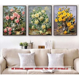 Tranh sơn dầu số hóa mã Bộ 3 bức hoa hồng size 40x50cm đầy đủ phụ kiện, phủ bóng