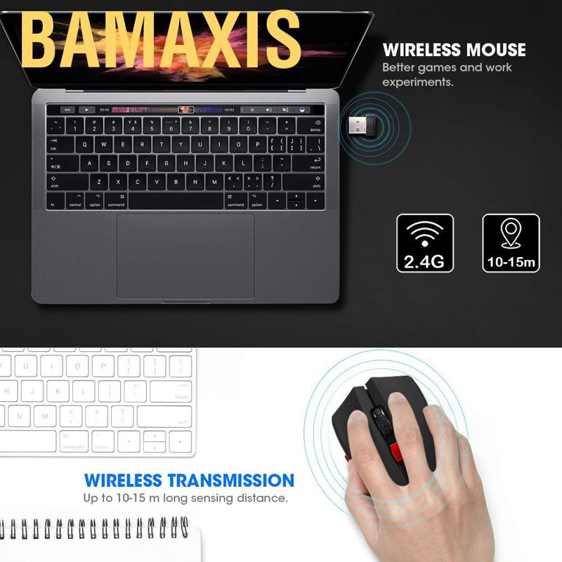 Bamaxis 2.4G Wireless Mouse Light-Weight Computer Accessory 6-Key Black for Laptop Business Office