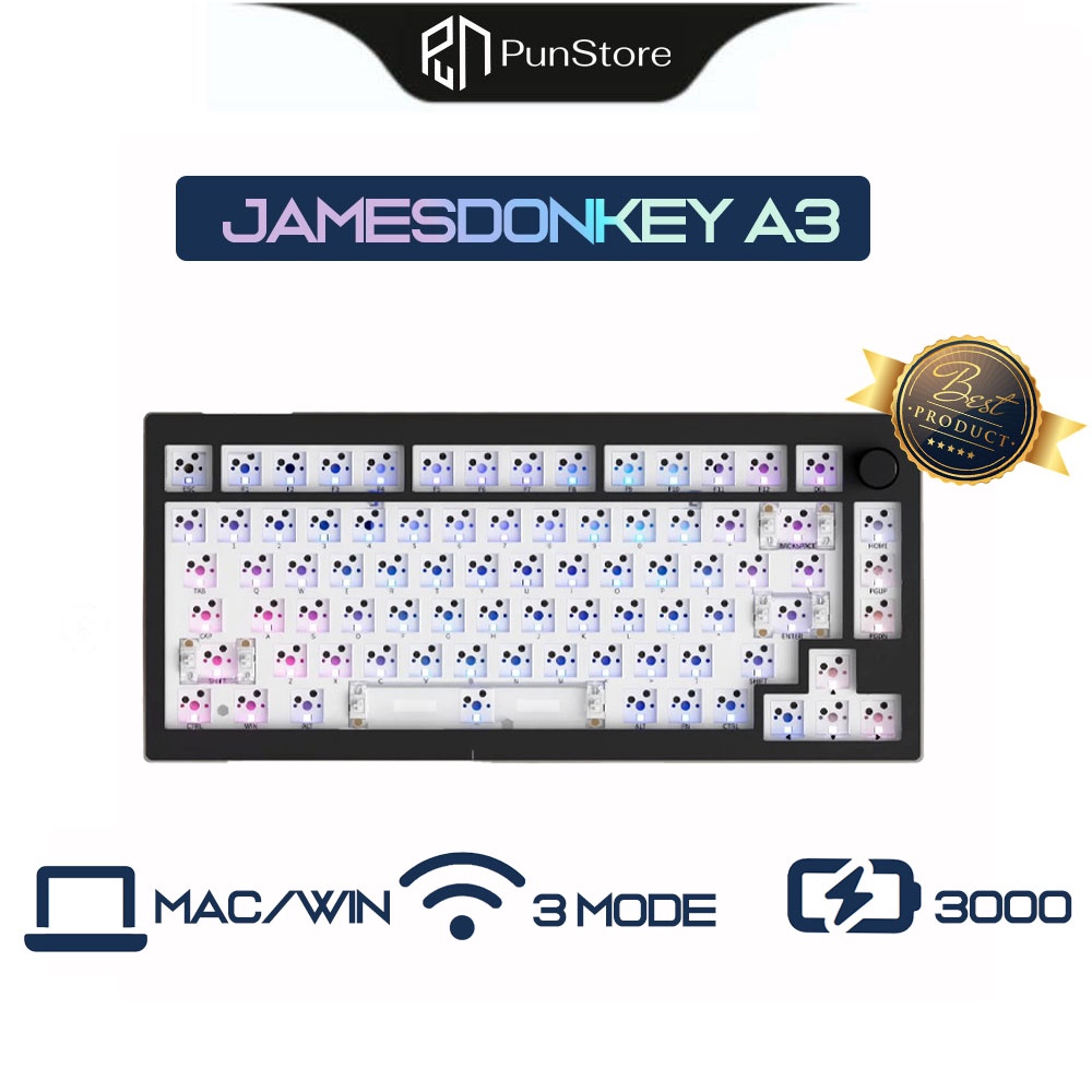 Kit bàn phím Jamesdonkey A3 mạch xuôi, Gasket mount, 3 mode kết nối, Led RGB, pin 3000mAh