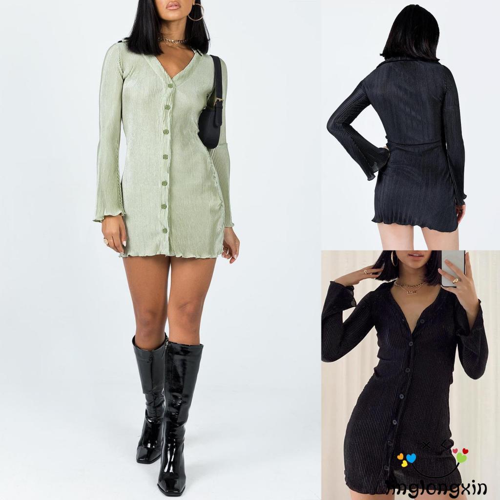 Đầm Dài Tay Dáng Ôm Cài Nút Màu Trơn Linglongxi2-fit