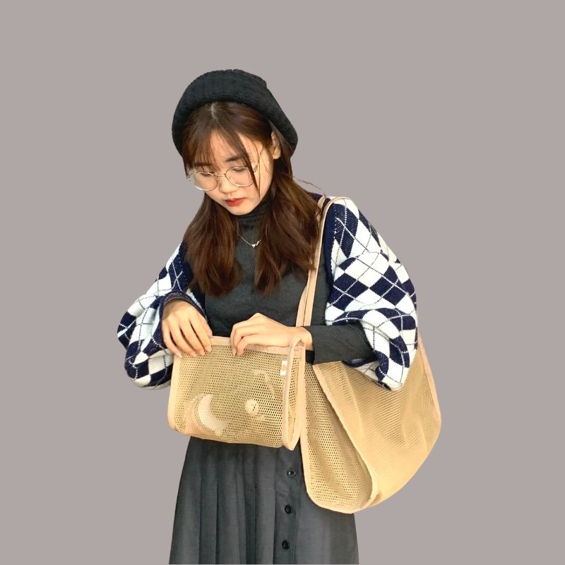 Túi xách đeo chéo đeo vai nữ dạng lưới đi chợ đi siêu thị mềm trơn nhiều màu gấp gọn tiện lợi TUCANVAS TCV66