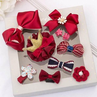 Bộ phụ kiện 10 món nơ, cài, kẹp tóc màu đỏ cực xinh cho bé gái