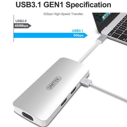 Cáp Chuyển USB 3.1 Type-C có phân phối điện sang (1 cổng USB Type-A + 2 cổng HDMI + VGA 1 cổng)