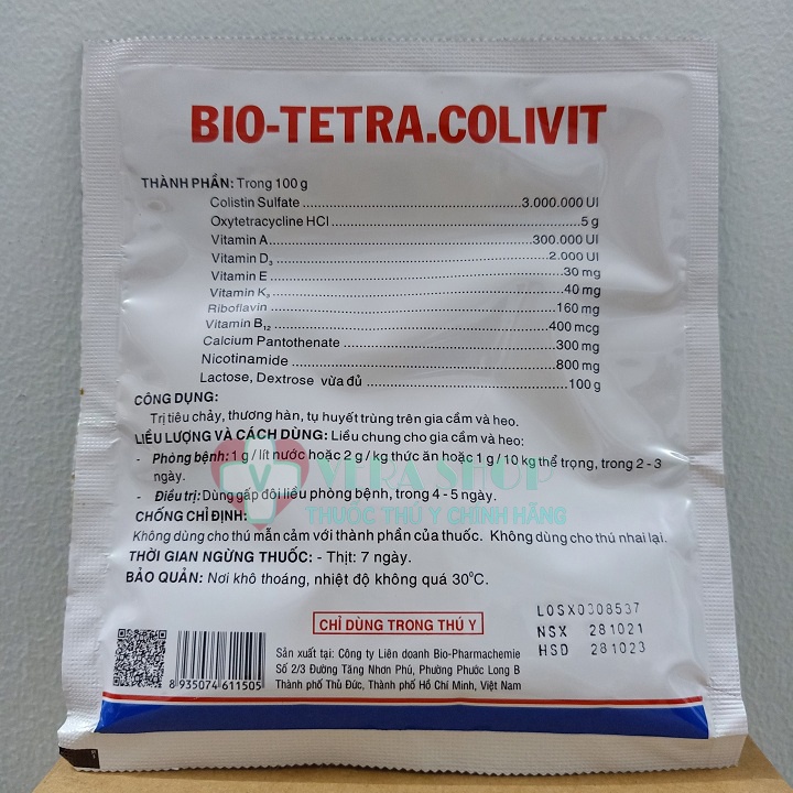BIO TETRA COLIVIT 100G - Úm gà, vịt, cút con, Tiêu chảy phân trắng, Ecoli