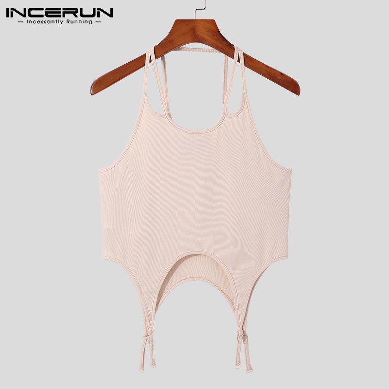 Áo thân ngắn INCERUN hai dây cổ yếm màu trơn dáng ôm vừa vặn gợi cảm thời trang mùa hè cho nam