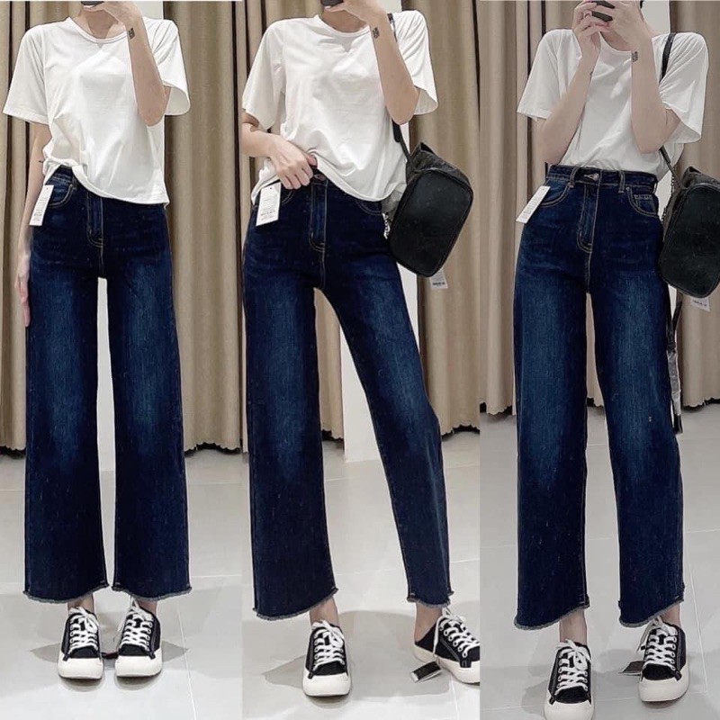 Quần Jeans Culottes Ống Rộng Lai Tua Lưng Cao 9 Tấc Xuất Xịn