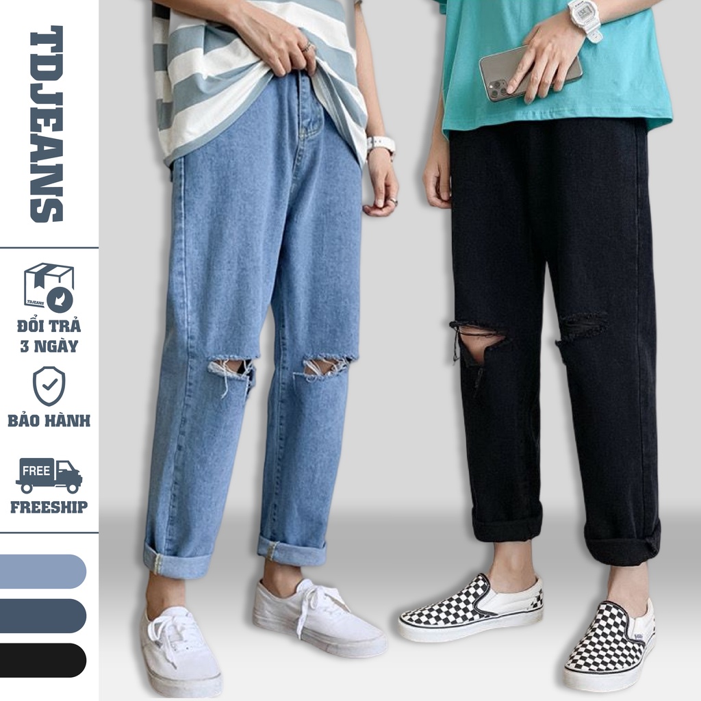 Quần bò nam rách gối TDJEANS đen,quần jean nam baggy xanh đen ống suông rộng Hàn Quốc,cao cấp, top2022