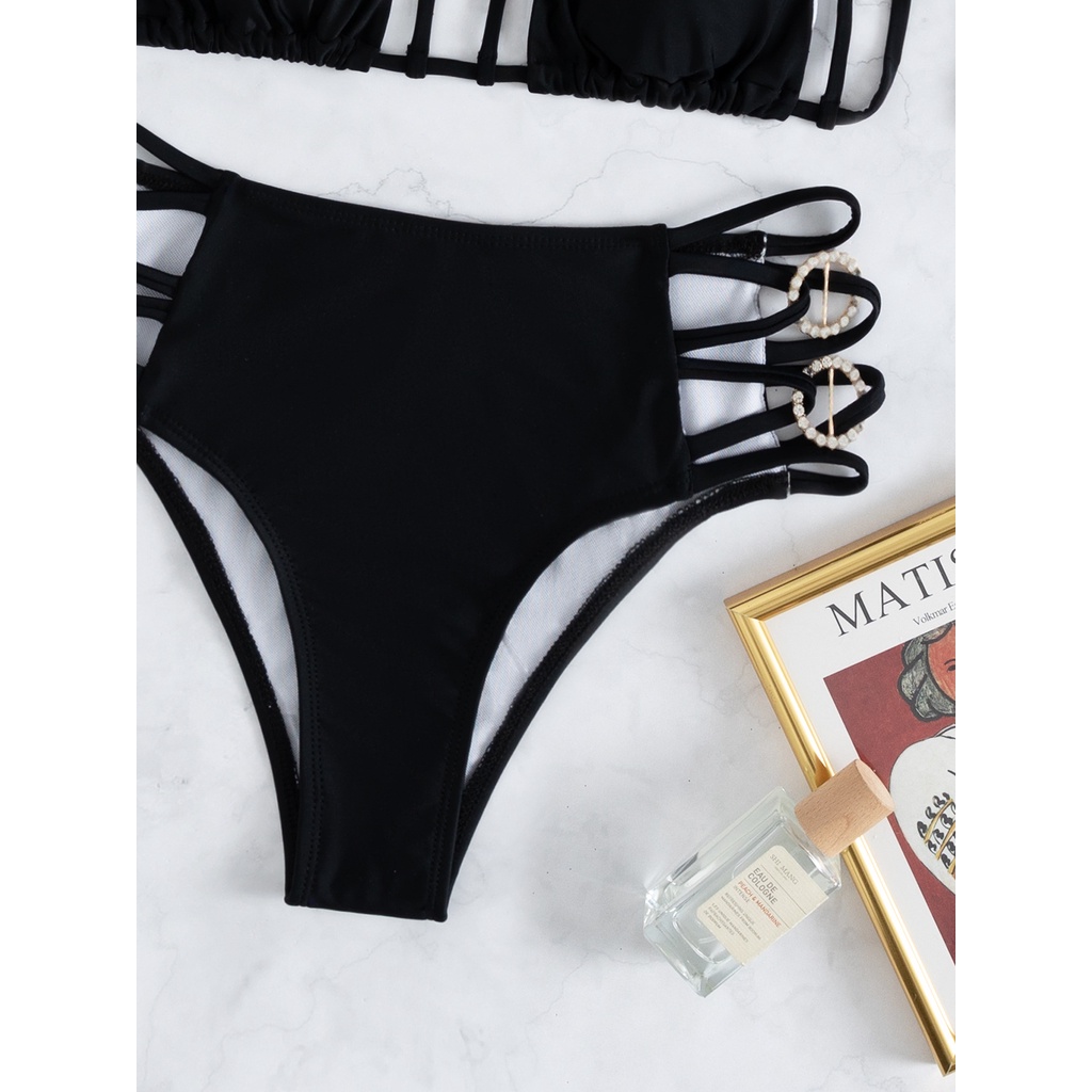 [BKN1427] &lt;ÂU&gt; SET BIKINI ĐEN MIX KHUY ĐÁ CUTOUT HÔNG (CẠP CAO)