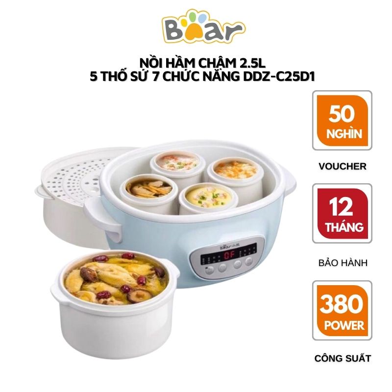 Nồi hầm chậm, nấu cháo chậm Bear 2.5L gồm 5 thố sứ và vỉ hấp hàng chính hãng bảo hành 12 tháng DDZ- C25D1