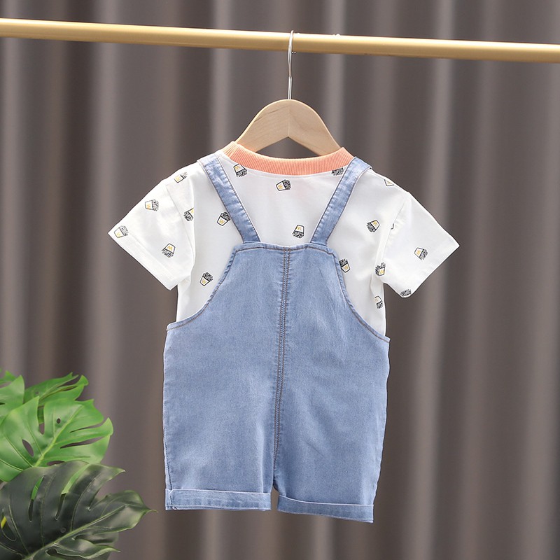 Set Áo Thun Cổ Tròn &amp; Quần Yếm Denim Cho Bé