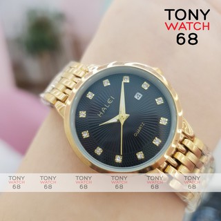 Đồng hồ nữ Halei dây kim loại mạ vàng mặt số ngọc có lịch chống nước chính hãng Tony Watch 68