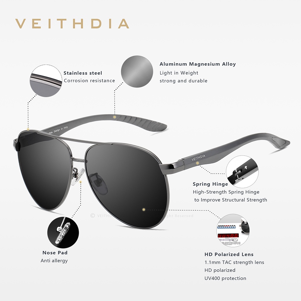 Kính Chống Nắng Phân Cực VEITHDIA 3822 Gọng Hợp Kim Nhôm Phong Cách Retro Cho Nam