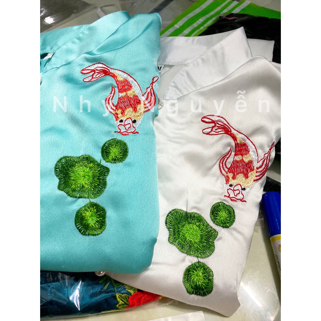 Đồ Lam Nữ Đi Chùa Mẫu Cá Ngọc Trắng Vải Lụa Satin
