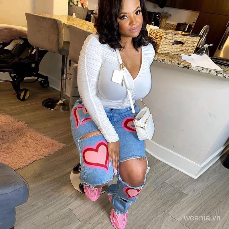 Quần Jean In Họa Tiết Trái Tim Phong Cách Đường Phố Cá Tính Cho Nữ