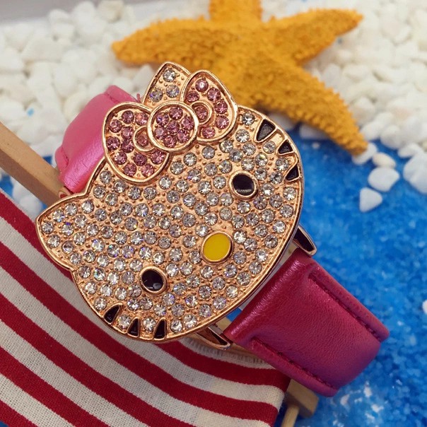 Đồng Hồ Nữ Dây Da Mặt Hình Hello Kitty Dễ Thương