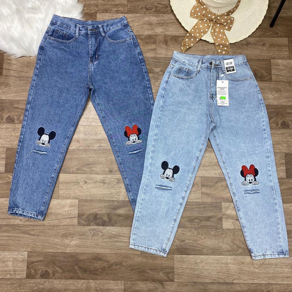 Quần jean nữ dáng baggy trẻ trung họa tiết đáng yêu co giãn nhẹ | BigBuy360 - bigbuy360.vn