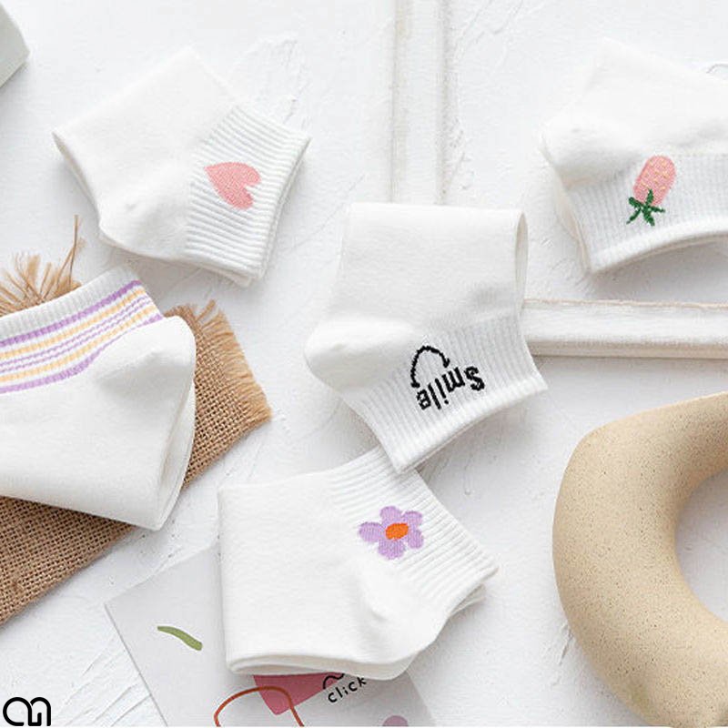 Tất Cổ Ngắn Nữ Thời Trang Hàn Quốc - Vớ Nữ Ngắn Họa Tiết Dễ Thương Màu Trắng Phong Cách Unisex