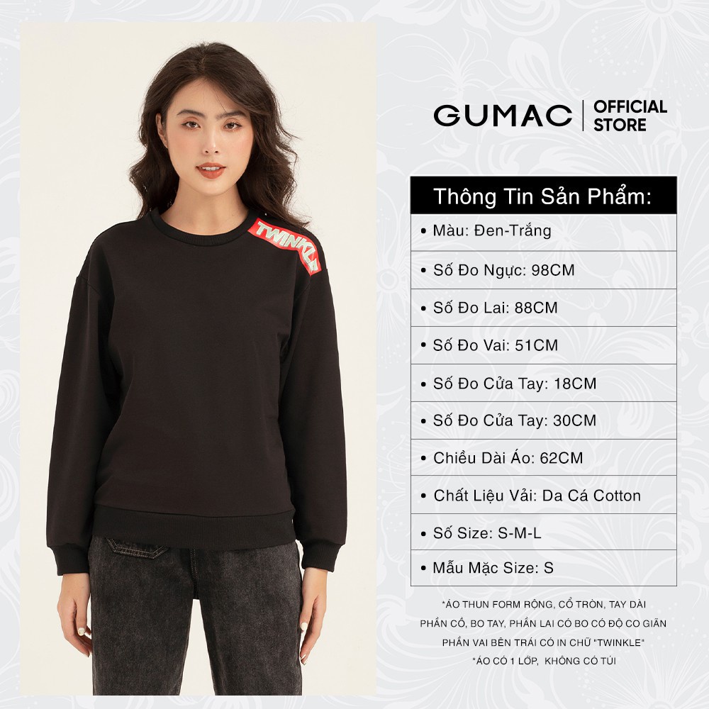[Mã WABRGUM giảm 10% tối đa 30K đơn 99K] Áo Sweater nữ in vai GUMAC tay dài năng động, trẻ trung ATB1140