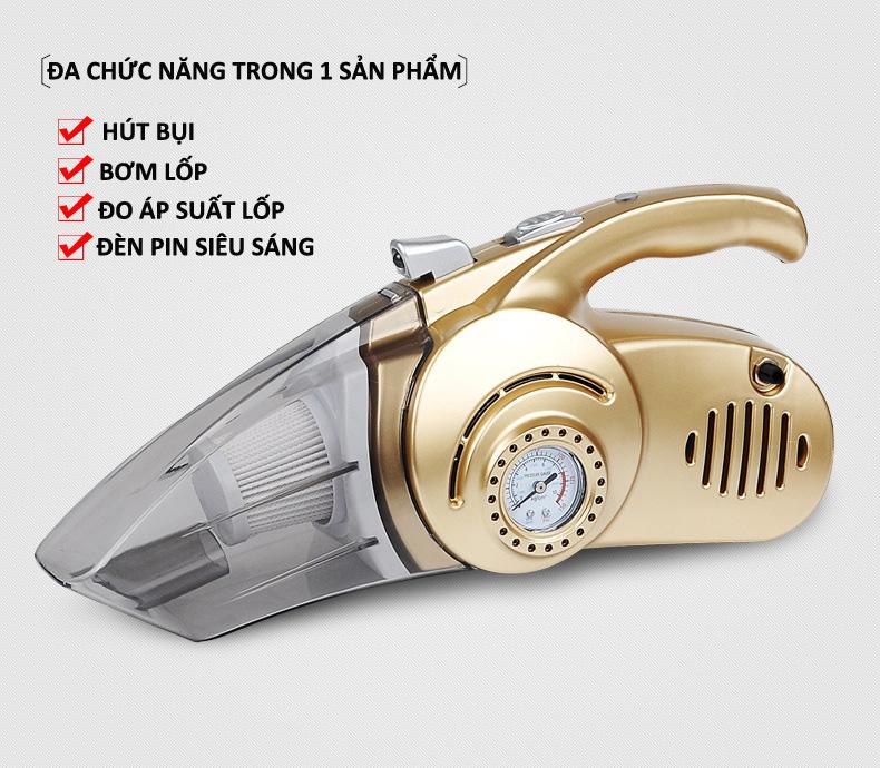 Máy hút bụi kèm bơm hơi ô tô 4in1 - bản tiếng anh Công Xuất 120W, Hút Bụi , Bơm Lốp, Đèn Pin , Đo Áp Suất Lốp Khi Bơm