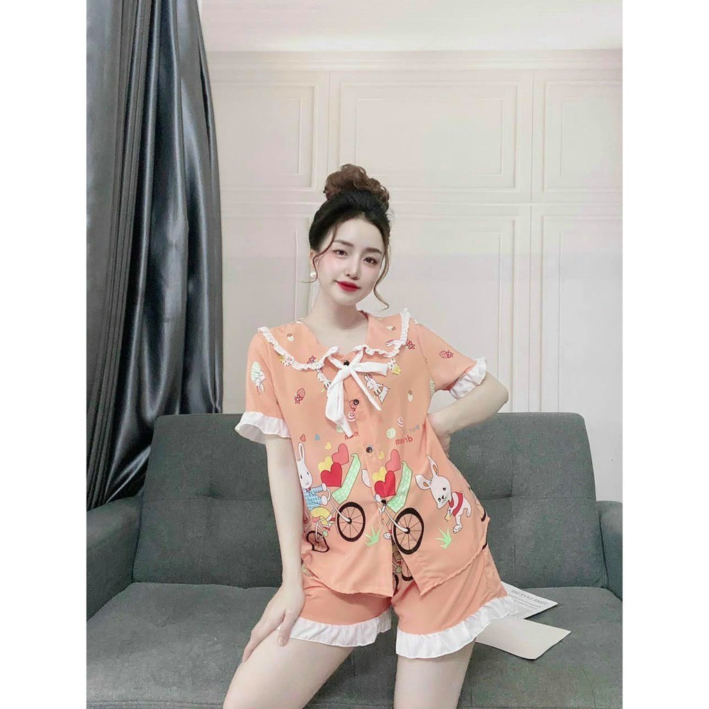 Bộ mặc nhà nữ lụa Hàn áo cổ bèo quần ngắn mặc nhà siêu xinh, vải đẹp