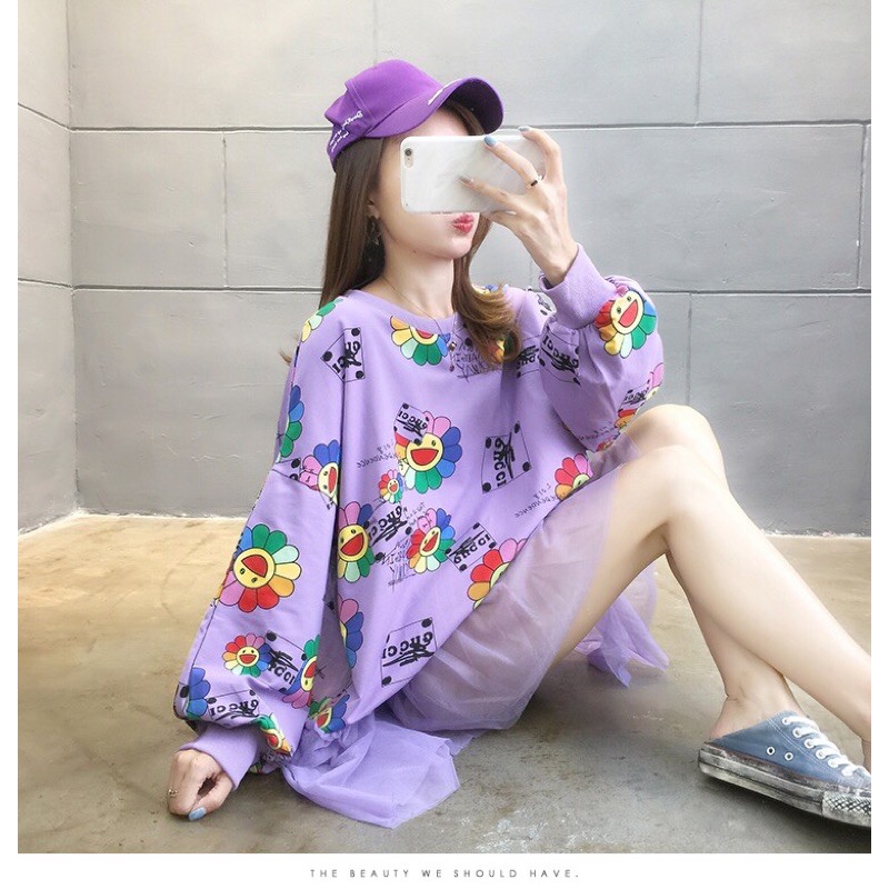 Áo Thun Tay Dài Hoa KaiKaiKiKi Form Rộng Giấu Quần Phối Lưới | BigBuy360 - bigbuy360.vn