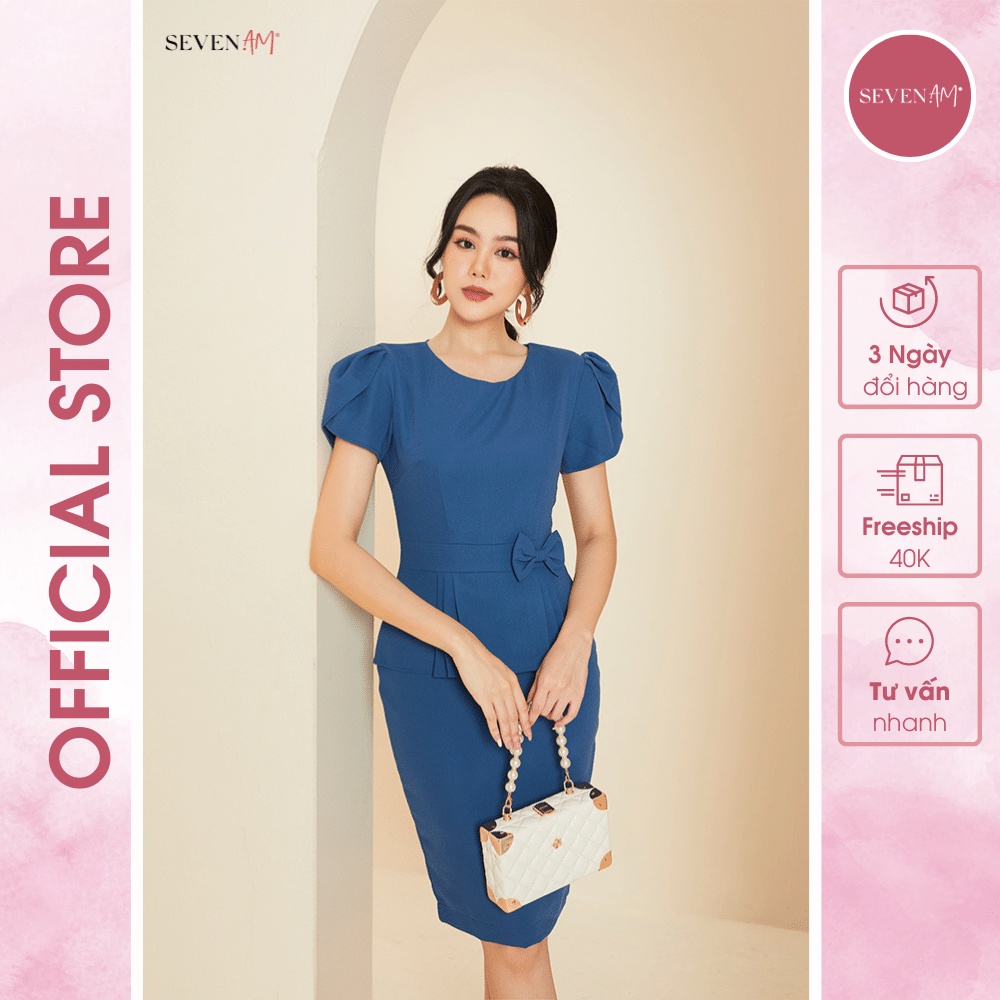 Đầm ôm tay cộc bồng xanh nơ có 2 dây dài Seven.AM FH613074N