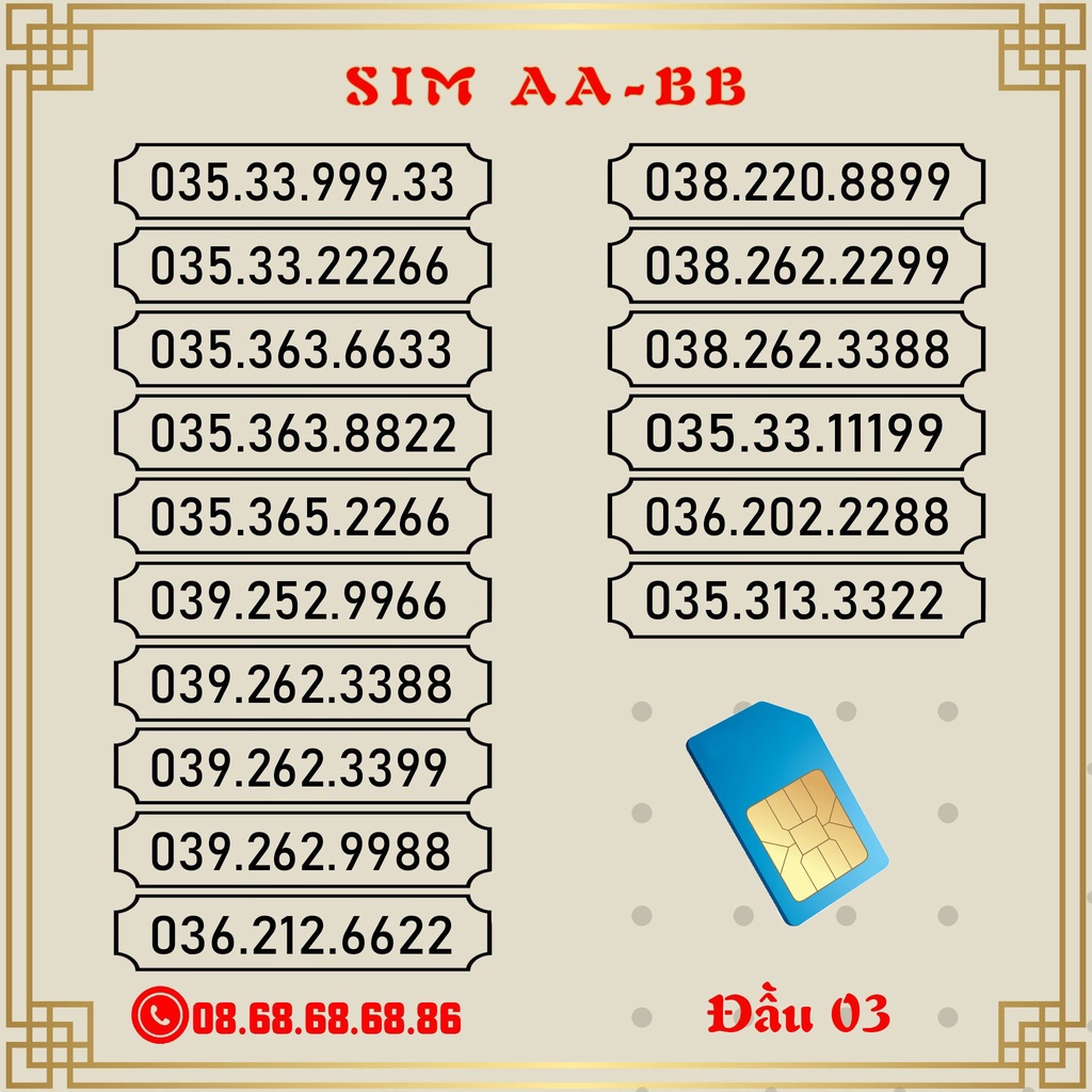Sim Số Đẹp Dạng AA - BB Đầu 03, Sim Viettel Trả Trước, Giá Cực Rẻ, Hỗ Trợ Đăng Ký Chính Chủ