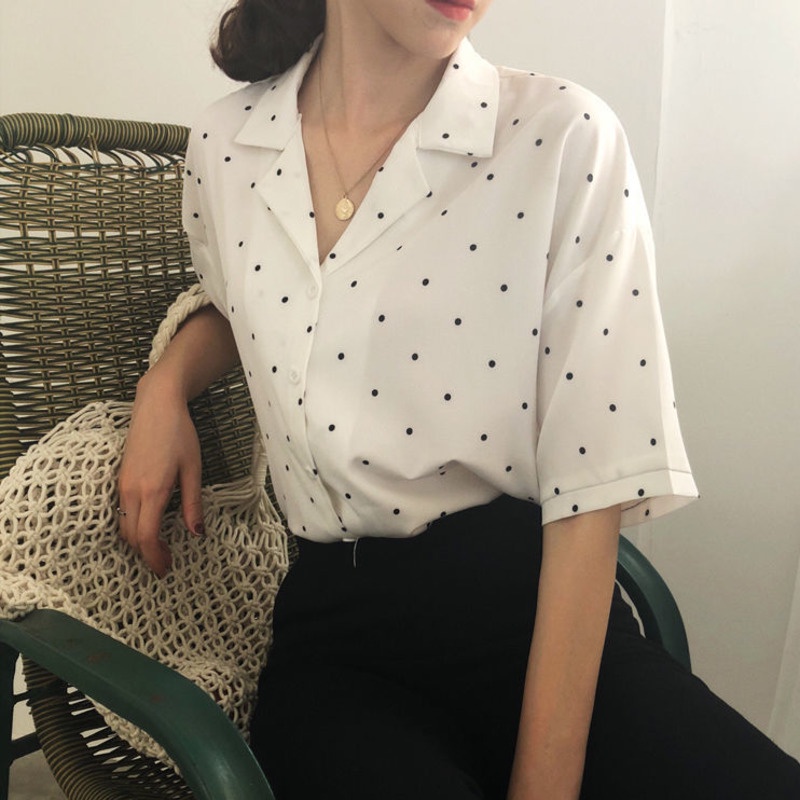 Áo Sơ Mi Tay Ngắn Chấm Bi Thời Trang 164582 Áo Sơ Mi Cổ Vest Dáng Rộng Thời Trang Hàn Quốc